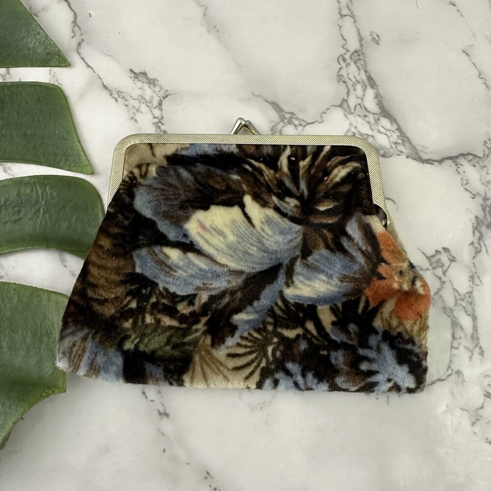 Vintage 80s Coin Purse Pouch Brown Blue Velvet Floral Kiss Lock Frame Grannycore